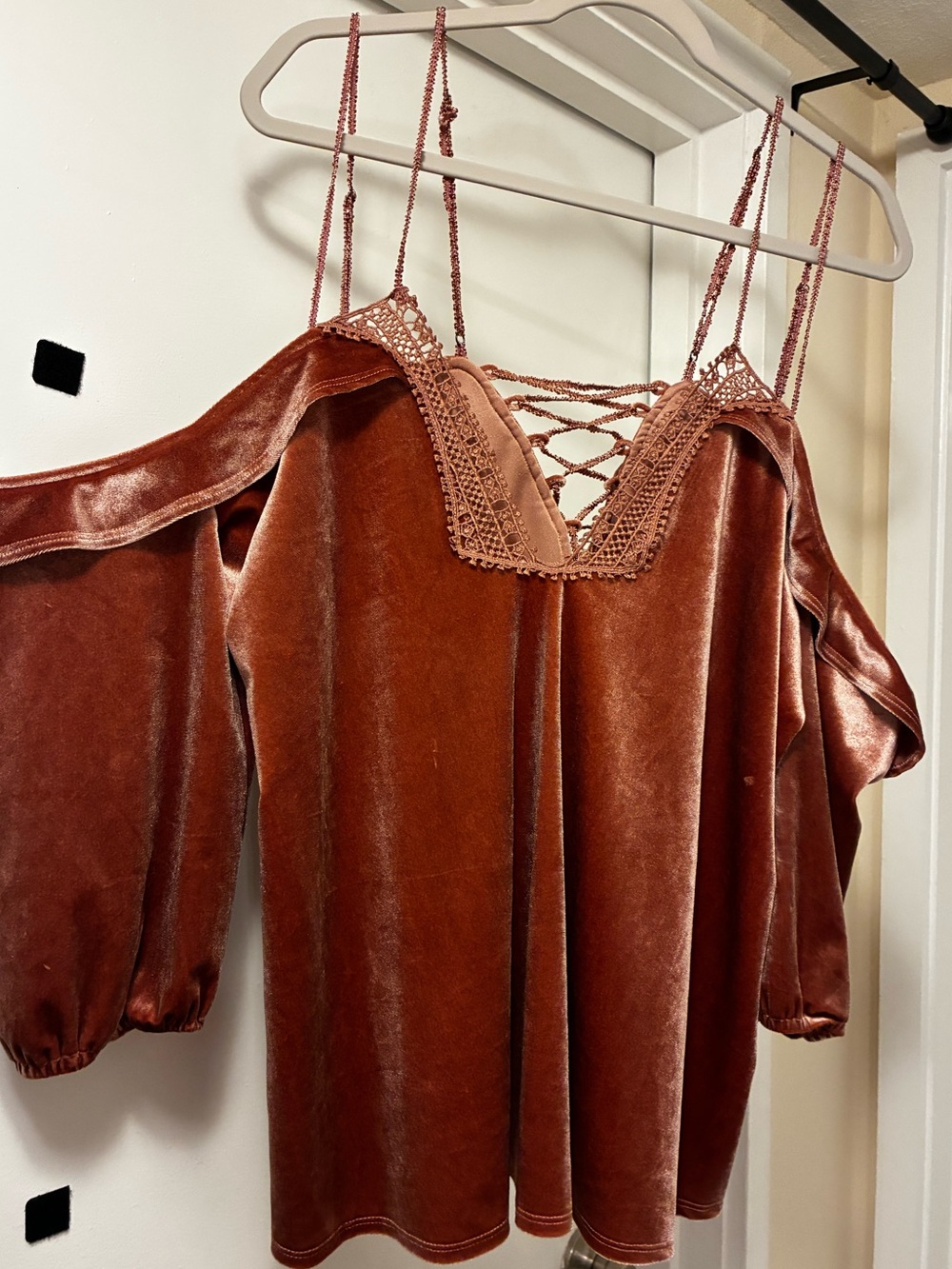 Pink Velvet Lace-up Off-Shoulder Blouse